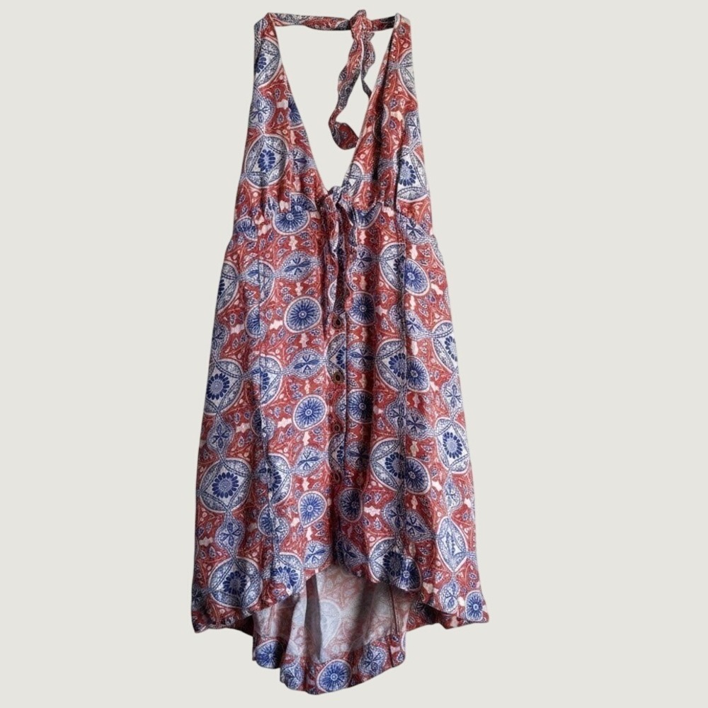 Boho Halter Neck Medallion Print Romper Red Blue Button Front High Low Hem MAeve
